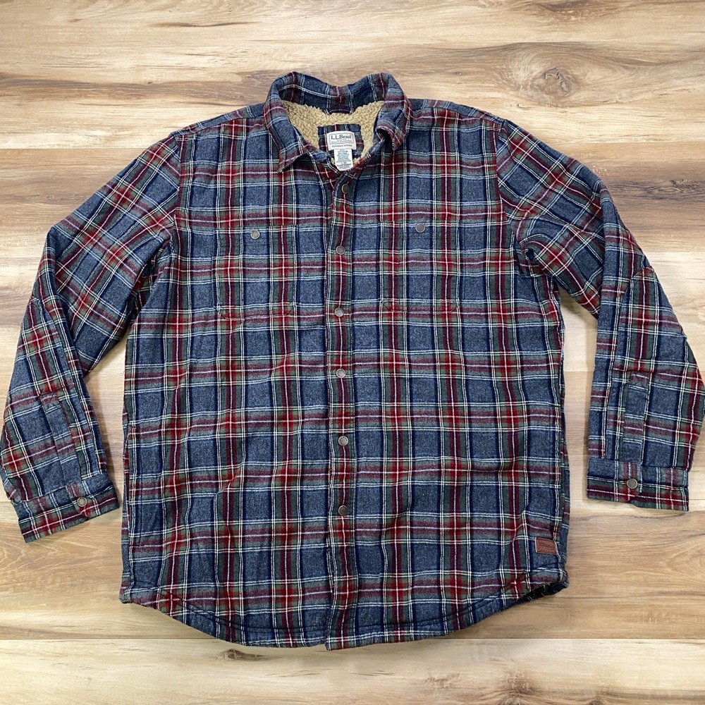 LL Bean Sherpa Lined Flannel Shirt Jacket Mens L Scotch Plaid Slightly Fitted